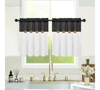 Boho Kitchen Curtains 24 Inch Length, Farmhouse Cotton Linen Tier Curtains, Rustic Button Short Curtain for Windows, Black Country Cafe Curtain, Rod Pocket Small Window Drapes for Kitchen, 26x24