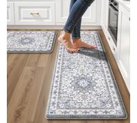 Boho Kitchen Mats for Floor 2 Piece Set Anti Fatigue Cushioned PVC Kitchen Rugs Non Slip Waterproof Farmhouse Mats 2/5 Inch Comfort Standing Mat for Sink, Laundry, 17.3"x59"+17.3"x28", Blue Grey