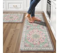 Boho Kitchen Mats for Floor 2 Piece Set Anti Fatigue Cushioned PVC Kitchen Rugs Non Slip Waterproof Farmhouse Mats 2/5 Inch Comfort Standing Mat for Sink, Laundry, 17.3"x59"+17.3"x28", Green Pink