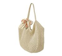 Boho Knitted Beach Tote - 14in Hollow Out Crochet Purse, Romantic Rose Lace Ribbon Bag | Elegant Handmade Satchel for Women Girls Summer Vacation Shopping Travel Dating Weekend