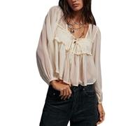 Boho Lace Bow Tie Front Top for Women Cute Sheer Ruffle Flowy Long Sleeve Shirts Coquette V Neck Button Down Blouse, F#ivory, M