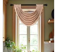Boho Lace Sheer Waterfall Valance Curtains - Beaded Leaf Jacquard Embroidered Rod Pocket Swag Curtain, Light Filtering Window Treatment for Living Room Kitchen (Coffee,55"W x 24"L (Pack of 1))