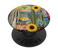 Boho Leopard Print Cactus Sunflower Patchwork Western PopSockets Adhesive PopGrip