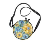 Boho Light Yellow Blue Bloom Round Small Crossbody Bag for Ladies Trendy with Adjustable Strap Black Handbag Walk the dog Canvas Messenger Purse