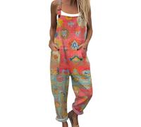 Boho Linen Romper for Women Sleeveless Adjustable Straps Wide Leg Floral Printed Jumpsuits Summer Casual Gardening Overalls One Piece Holiday Beach Playsuits for Women S-5XL