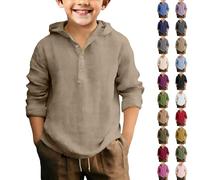 Boho Linen Shirts for Boys Button Up Cotton Linen Shirt Long Sleeve Half Button Down Hooded Jumpers Loose Fit Beach Hoodies Plain Breathable Lightweight Tops (Beige, 4-5 Years)