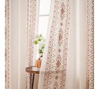 Boho Long Curtain for Living Room 96 Inches Long Beige Linen Embroidered Curtains 2 Panels for Bedroom Farmhouse Geometric Light Filtering Grommet Window Treatment 52x96 Inch, Taupe On Ivory