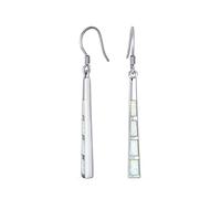 Boho Long Linear Iridescent Rainbow White Created Opal Teardrop Bar Shaped Dangle Earrings For Women Teen .925 Sterling Silver Fish Hook Wire Threader