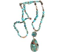 Boho Long Pendant Necklace, Emperor Stone Water Drop & Hexagon Charm, 33.85-34.64 in / 86-88 cm Natural Stone Beaded, Handmade Bohemian Necklace