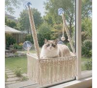Boho Macrame Cat Window Perch, Cat Window Hammock, Metal Frame Beds for Indoor Cats with Hand-Woven Tassel Decor & Bonus Toy for Sunbathing Bird Watching