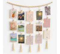 Boho Macrame Photo Display with Fairy Lights - Hanging Wall Decor with 30 Wooden Clips for Polaroids, Prints, Postcards, USB String Lights Picture Collage Holder for Bedroom, Living Room, Kitchen