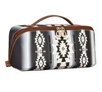 Boho Makeup Bag Large Capacity PU Leather Makeup Bag Waterproof Travel Toiletry Pouch for Women - Unique Bohemian Style Hand Carry Case (Black)