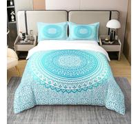 Boho Mandala 100% Natural Cotton Duvet Cover Watercolor Teal Gradient Exotic Flowers Bedding Set for Kids Teens Adults Women Blooming Plants Bohemian Style Quilt Cover with 2 Pillowcases Double Size