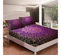 Boho Mandala Bedding Set Purple Bohemian Style Fitted Sheet for Kids Boys Girls Teens Decorative Exotic Floral Printed Bed Sheet Set Chic Breathable Bed Cover Room Decor King Size