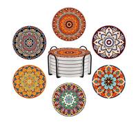 Boho Mandala Ceramic Coasters, Set of 6 Drink Coasters, with Metal Holder, Absorbent Round Non-Slip Drink Mug Cup Coaster Housewarming Room Bar Fashion Decoration Gift