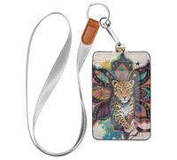 Boho Mandala Flowers Leopard Colorful Leather id Badges Holder with Lanyard and 3-Card Capacity case with Card Holder for Office School IDs,Hotel Key Cards, Pass Cards