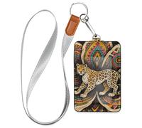 Boho Mandala Flowers Leopard Colorful Leather id Badges Holder with Lanyard and 3-Card Capacity Security Card Holder for Office Shcool Hospital & Driver Licence
