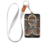 Boho Mandala Flowers Leopard Colorful Leather Work Badge Holder with Lanyard and 3-Card Capacity id Card Holder Vertical for Office School IDs,Hotel Key Cards, Pass Cards