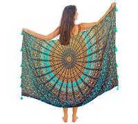 Boho Mandala Pareo Sarong Bikini Cover Up with Tassels - Super Soft Lightweight Cotton, Large Indian Peacock Print, Ruby Mandala Rose