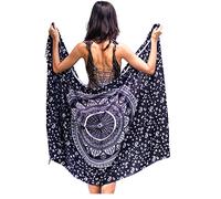 Boho Mandala Pareo Sarong Bikini Cover Up with Tassels - Super Soft Lightweight Cotton, Large Indian Peacock Print Black