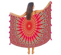 Boho Mandala Pareo Sarong Bikini Cover Up with Tassels - Super Soft Lightweight Cotton, Large Indian Peacock Print, Ruby Mandala Rose