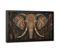 Boho Mandala Pattern Elephant Head Wall Art, Tribal Ornate Animal on Rustic Wood Canvas Printed Posters, Ethnic Art for Living Room Bedroom Office Decor Black Frame 08x12in