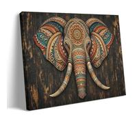 Boho Mandala Pattern Elephant Head Wall Art, Tribal Ornate Animal on Rustic Wood Canvas Printed Posters, Ethnic Art for Living Room Bedroom Office Decor 16x24inch