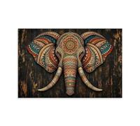 Boho Mandala Pattern Elephant Head Wall Art, Tribal Ornate Animal on Rustic Wood Canvas Printed Posters, Ethnic Art for Living Room Bedroom Office Decor 16x24inch