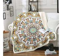 Boho Mandala Plush Blanket Bohemian Style Throw Blanket Chic Mandala Printed Fleece Sherpa Blanket for Chair Sofa Couch Women Luxury Exotic Floral Room Decor Single 50"x60"