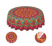Boho Mandala Red and Green Waterproof Picnic Party Round Table Cloth Cover Decorations Fabric 60 Inch Circular Tablecloth for 20-47 Inch Home Dining Room Kitchen Decor