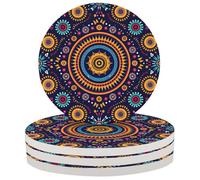 Boho Mandala Round Drink Coasters Set of 4, 4-Inch Absorbent Ceramic with Cork Backing, Non-Slip Coasters for Coffee Table Home Kitchen Bar Decor, Housewarming Gift