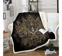 Boho Mandala Sherpa Blanket Bohemian Style Throw Blanket Decorative Hippie Mandala Fleece Blanket for Couch Bed Sofa Room Decor Lightweight Black Golden Exotic Floral Fuzzy Blanket Baby 30"x40"