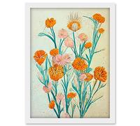 Boho Marigold Flowers Teal Orange Painting Artwork Framed A3 Wall Art Print