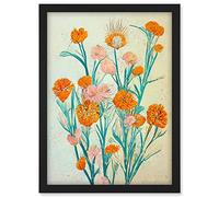 Boho Marigold Flowers Teal Orange Painting Artwork Framed A3 Wall Art Print