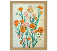 Boho Marigold Flowers Teal Orange Painting Artwork Framed A3 Wall Art Print