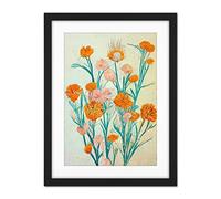 Boho Marigold Flowers Teal Orange Painting Artwork Framed Wall Art Print 18X24 Inch