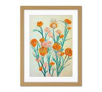 Boho Marigold Flowers Teal Orange Painting Artwork Framed Wall Art Print 18X24 Inch