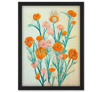 Boho Marigold Flowers Teal Orange Painting Artwork Framed Wall Art Print A4 Artery8 Black One Size