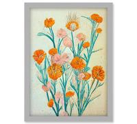 Boho Marigold Flowers Teal Orange Painting Artwork Framed Wall Art Print A4 Artery8 Light Grey One Size