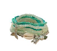 Boho Marine Charm Multi-Layer Rubber Bands Bracelet Set, Adjustable Beach Jewellery with Seashell Fish Tail & Pearl Accents - Summer Coastal Gift for Women Girls (Green, Turtle)