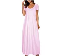 Boho Maxi Dress Summer Maxi Dresses for Women Casual Short Sleeve Cotton Swing Long Dress Scoop Neck Flowy Sundress with Pockets for Beach Holidays Pink