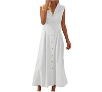 Boho Maxi Dresses for Women UK Cotton Linen Dress Elegant Sleeveless Shirt Dresses Botton Down Solid Party Dresses Beach Cover Up Long Dress Elegant Party Dresses Clearance White