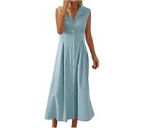 Boho Maxi Dresses for Women UK Cotton Linen Dress Elegant Sleeveless Shirt Dresses Botton Down Solid Party Dresses Beach Cover Up Long Dress Elegant Party Dresses Clearance Blue