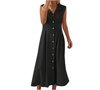 Boho Maxi Dresses for Women UK Cotton Linen Dress Elegant Sleeveless Shirt Dresses Botton Down Solid Party Dresses Beach Cover Up Long Dress Elegant Party Dresses Clearance Black