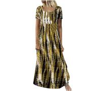 Boho Maxi Dresses for Women UK Elegant Short Sleeve Shirt Dresses Tie Dye Casual Loose Maxi Dresses Beach Cover Up Long Dress Elegant T Shirts Dresses Clearance Yellow