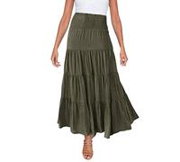 Boho Maxi Skirts for Women Ruched Elastic High Waist Casual Ruffle Flowy Swing Tiered Pleated Skirts A-Line Holiday Casual Gypsy Skirt Vintage Long Skirt Multiple Colours Full Length Army Green