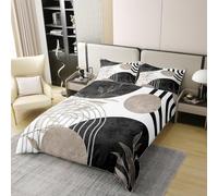Boho Mid Century Modern 100% Cotton Duvet Cover Set King Size,Black and White Bedding Set 3pcs,Grey Abstract Leaf Arch Sun Quilt Cover,Kids Boys Girls Room Decor,2 Pillowcases,No Comforter