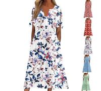 Boho Midi Dresses for Women UK, V Neck Button Short Sleeve Beach Swing Dress Ladies Bohemian Floral Print Tunic Dresses Summer Loose A Line Daily Dress with Pockets