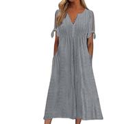 Boho Midi Dresses for Women UK, V Neck Button Short Sleeve Beach Swing Dress Ladies Bohemian Floral Print Tunic Dresses Summer Loose A Line Daily Dress with Pockets
