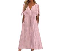 Boho Midi Dresses for Women UK, V Neck Button Short Sleeve Beach Swing Dress Ladies Bohemian Floral Print Tunic Dresses Summer Loose A Line Daily Dress with Pockets